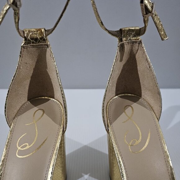 Sam Edelman Yaro Block Heel Sandal Gold Snake Embossed Vegan Leather Size 11 - Picture 9 of 16